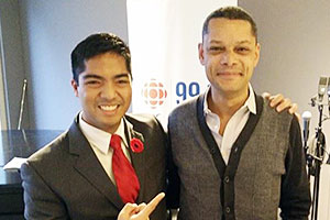 UOIT alumnus Lorenzo Escobal (left) with CBC Radio One Metro Morning host Matt Galloway (November 6, 2014).